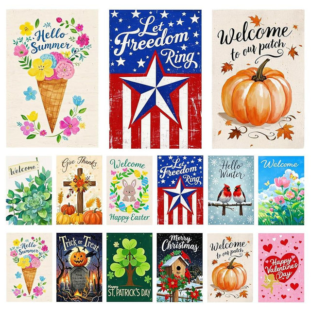 12-Pack Seasonal Garden Flags Set – Double-Sided 3-Layer Polyester Yard Flags with Sun-Blocking Fabric, 12x18 Inch Weatherproof Holiday Outdoor Decor for All Seasons, Includes Valentine’s Day, Easter, 4th of July, Halloween, Thanksgiving, Christmas & More