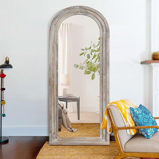 Trvone Arched Full Length Mirror Solid Wood Frame Mirror Floor Mirror with Back Hooks Vertically Hanging Wall Mirror Dressing Mirror for Bedroom Living Room (65"x22", Weathering White)