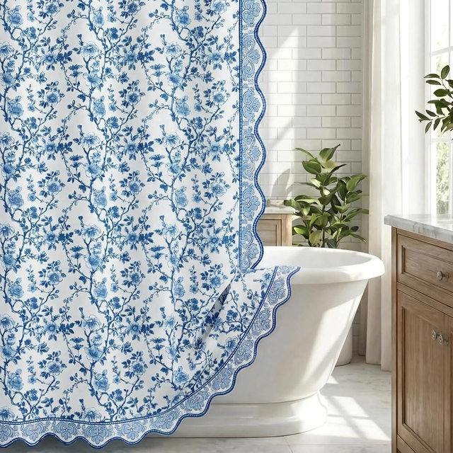 Mindsoft Blue Floral Chinoiserie Shower Curtain with 12 Hooks Faux Linen Boho Rustic Farmhouse Shower Curtain French Country Bath Curtains for Bathroom Bathtubs Decor, 72 x 72 Inches