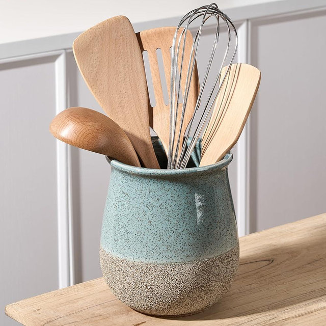Jemirry Utensil Holder for Kitchen Counter, Modern Farmhouse Cooking Utensil Holder and Crock Home Kitchen Decor, Ceramic Utensil Organizer for Spatula, Ladle, Eggbeater, Rolling Pin- Blue and Brown