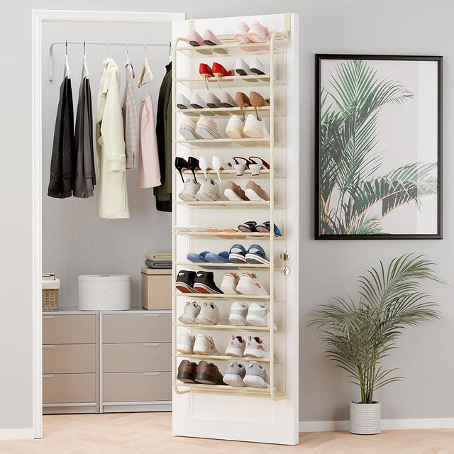 Whitmor 36 Pair Over The Door Shoe Organizer, 12 Tier Hanging Shoe Organizer, Heavy Duty Metal & Mesh Shoe Holder, Hanging Shoe Rack for Closet Organizer & Storage, 69"L x 21.7"W x 7.5"H, Beige