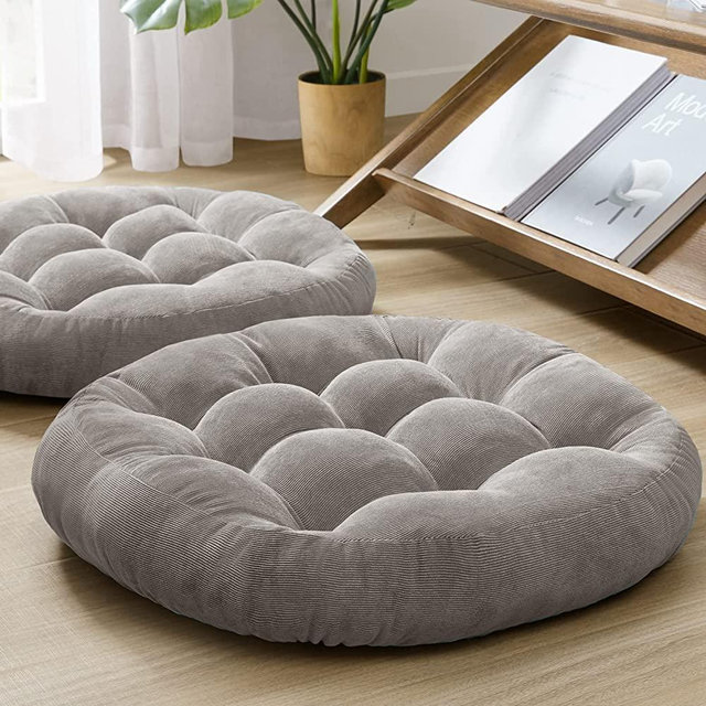 Meditation Floor Pillow Set of 2, Round Large Pillows Seating for Adults, Tufted Corduroy Floor Cushion for Tatami Living Room, Grey, 22 Inch