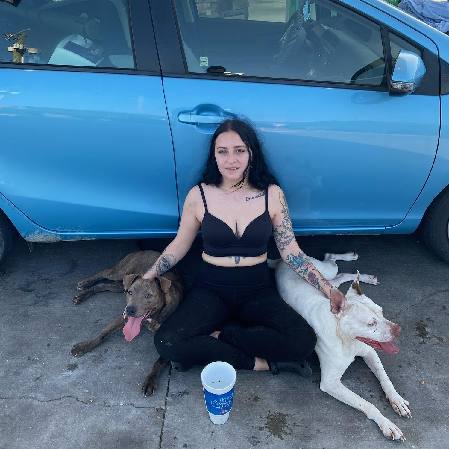 FOUR hours go by and the sweatshirt is off,  so exhausted from taking care of two dogs in the heat when a random man with tools helps them into their car and on their way.