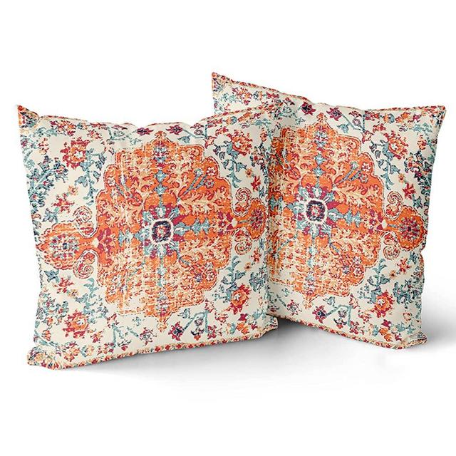 Orange Blue Ethnic Boho Pillow Covers 18X18 In Bohemian Carpet Vintage Rust Coral Floral Decorative Cotton Pillow Cases with Zipper Set of 2 Home Decor for Living Room Bedroom Bed Cushion Outdoor