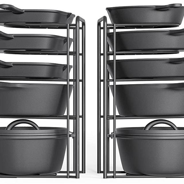 2 Pack - Heavy Duty Pot Rack Organizer, 5 Tier Pan Rack Holder, Holds 50 LB - Holds Cast Iron Skillets, Dutch Oven, Frying Pans, Griddles - No Assembly Required, 15.9'' Height