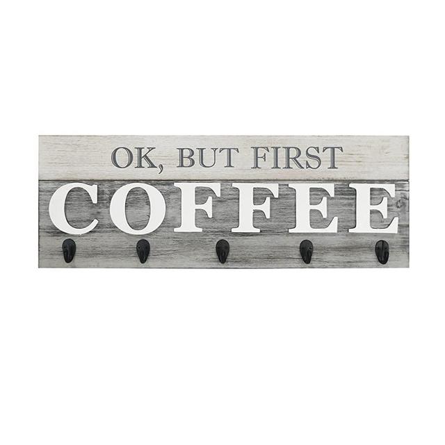 Barnyard Designs ‘Ok, But First Coffee’ Hanging Mug Holder, Wall Mounted Coffee Cup Organizer Rack, Rustic Farmhouse Wood Wall Decor Sign, for Kitchen, Coffee Bar or Cafe, Gray and White, 24” x 8.5”