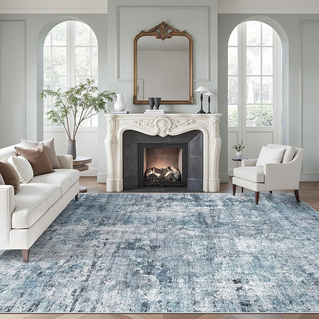 Soalmost Washable Area Rug 8x12, Large Soft Rugs for Living Room Vintage Blue/Grey Carpet 8x12 Area Rugs for Bedroom Dining Room Non-Slip Stain Resistant Under Table Rug