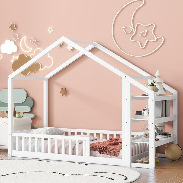 Aoowow Twin Size Floor Bed Twin House Bed Frame with Storage Shelves, Wooden Montessori Floor Bed Kids Playhouse with Fence for Boys Girls for Bedroom,Twin-White