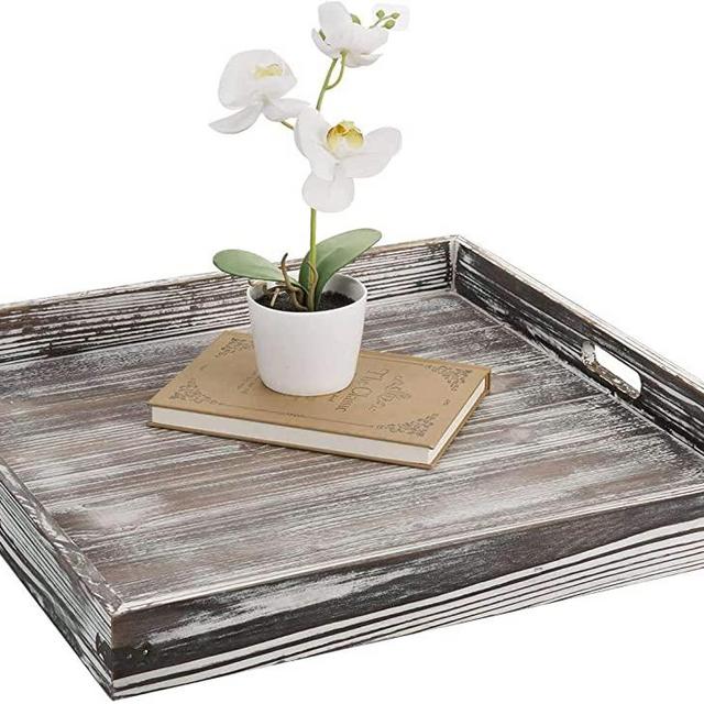 MyGift 19-inch Square Rustic Torched Wood Ottoman Tray with Vintage Metal Side Accent Wraps