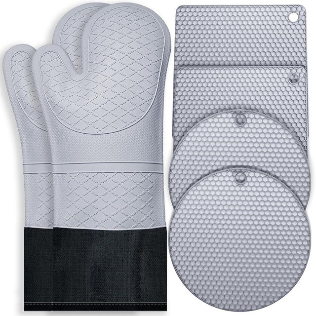 6pcs Oven Mitts and Pot Holders Sets for Kitchen, Silicone Oven Gloves Heat Resistant 500 Degrees, Extra Long Oven Mitts with 4 Non-Slip Pads, Cotton Lined & Waterproof, Kitchen Gloves for Cooking.