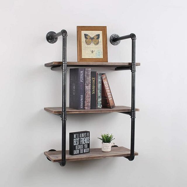 Industrial Pipe Floating Shelves,3 Tiers Wall Mount Bookshelf,24in Rustic Wall Shelves,DIY Storage Shelving Wall Shelf,Rustic Wall Shelving Unit,Wall Book Shelf for Home Organizer,Black Brushed Silver