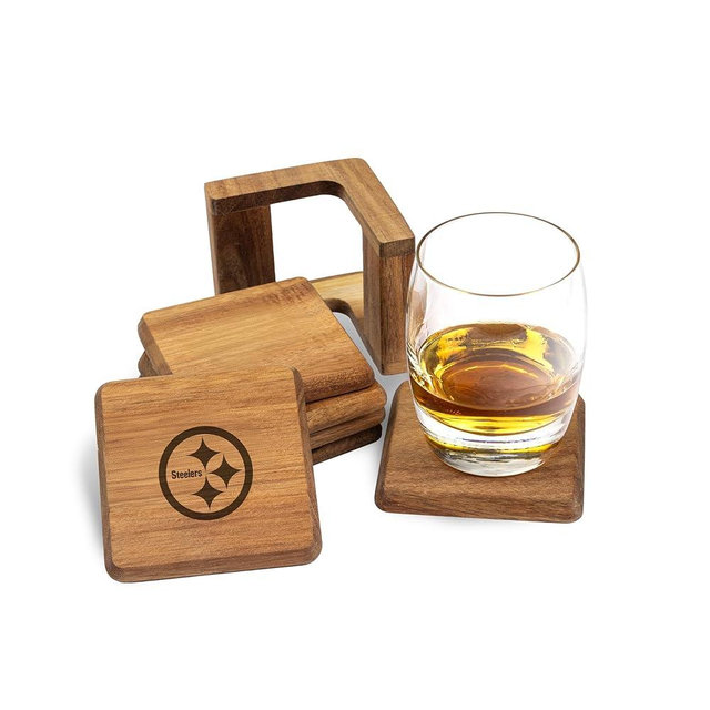 The Memory Company | Licensed NFL 6-Pack Team Logo Acacia Square Coaster W/Holder,Pittsburgh Steelers