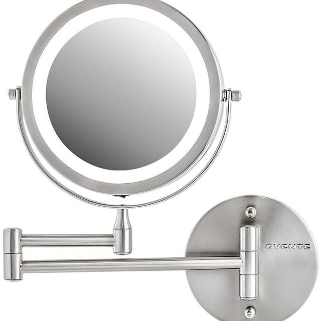 OVENTE 7" Lighted Wall Mount Makeup Mirror - 1X/ 7X Magnification, Battery Powered Glow Cosmetic Light up, Spinning 360-Degree, Double Sided LED, Extendable & Folding Arm, Nickel Brushed MFW70BR1X7X