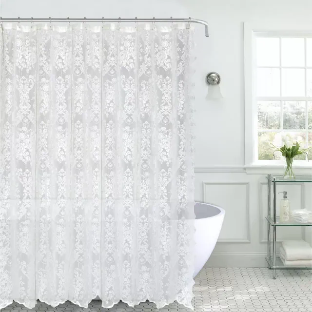 Kate Aurora Country Farmhouse Shabby Chic Floral Lace Shower Curtain - Off White