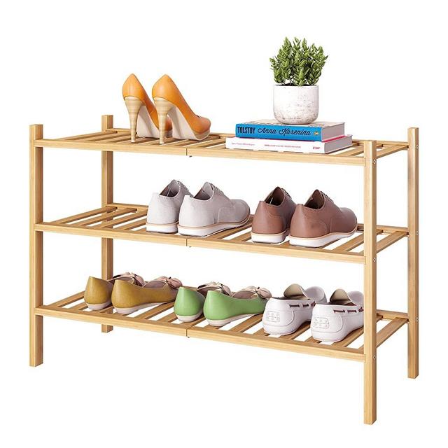 FILWH Bamboo Shoe Rack Stackable Shoe Shelf Storage Organizer for Unit Entryway Hallway and Closet Sturdy Freestanding Shoe shelf Natural (3 Tier)
