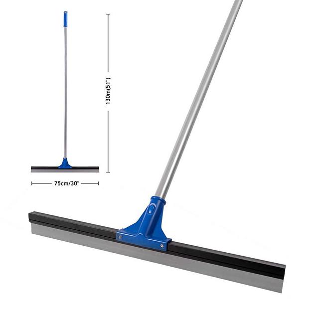 DSV Standard Professional Floor Scrubber Squeegee | 75 cm (30”) Solid Natural Silicone Rubber Blade - 51” Long Steel Pole - Best for Washing & Drying Shower Glass/Garage/Windshield/Window