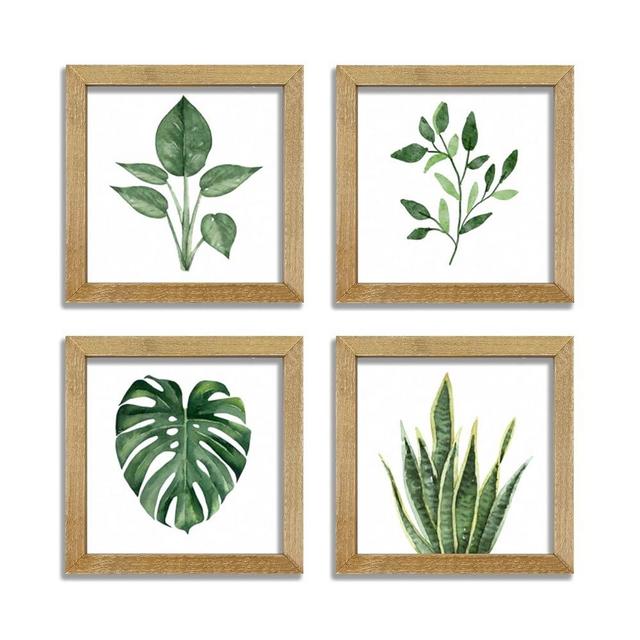 LuZhiQiang Botanical Wall Art Decor 8"x 8" Set of 4 Green Plant Pictures Wood Frame Prints Laundry Room Home Minimalist Sign for Bedroom Bathroom Office Wall Hanging Decoration (Wood)