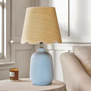 19" Boho Ceramic Table Lamp, Handmade Ceramic Base with Rattan Shade, Farmhouse Plug-in Bedside Nightstand Lamps for Bedroom, Living Room, E26 Socket, Light Blue