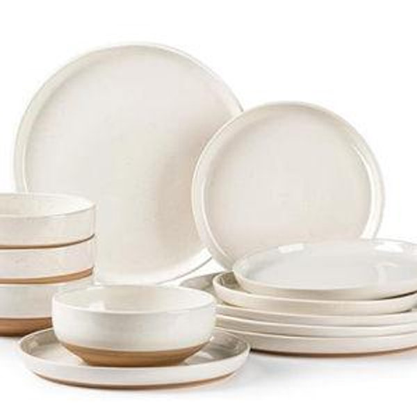 AmorArc Ceramic Dinnerware Sets, Handpainted Plates and Bowls Set with Rustic Terracotta Underside, Scratch Resistant Stoneware Dishes Set, Dishwasher & Microwave Safe