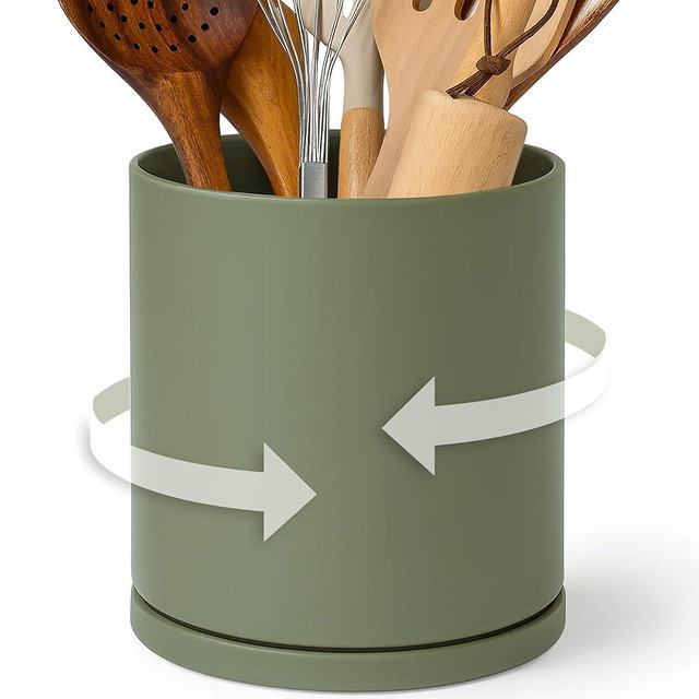 D'vine Dev 360° Rotating Utensil Holder – 7.2" Kitchen Utensil Crock for Countertop, Modern Cooking Tool Organizer for Kitchen Storage & Décor, Olive, 72-X-C-2