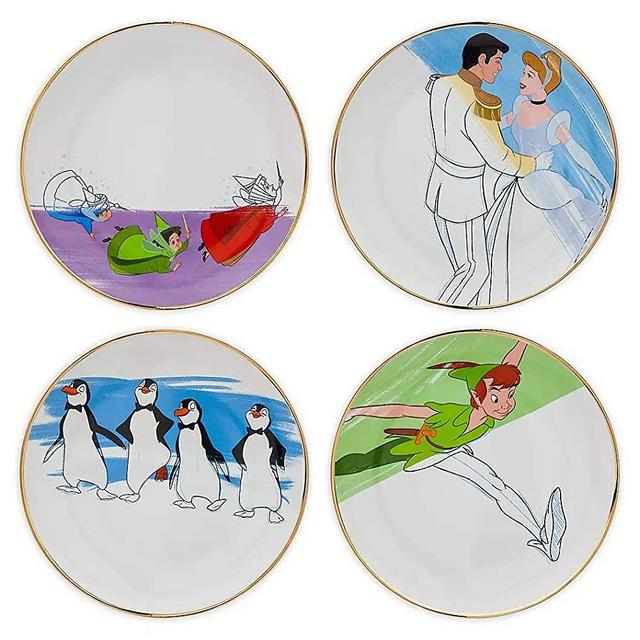 Disney Parks Ink & Paint Ceramic Salad or Dessert Plate Set '50s - '60s Cinderella with Prince Charming, Peter Pan, Flora, Fauna, and Merryweather (Sleeping Beauty), and Penguin Waiters (Mary Poppi