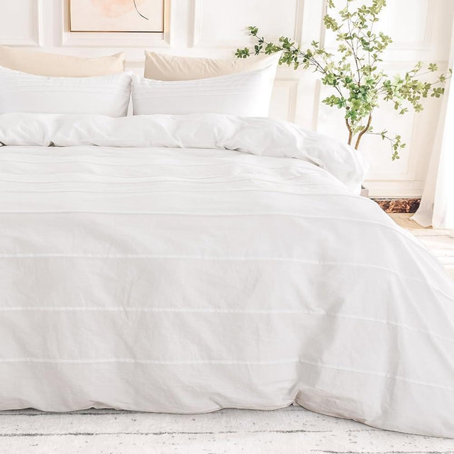 NEXHOME PRO 100% Organic Cotton Duvet Cover Queen Size, Linen Like Pleated Textured Duvet Cover Set White, 3pc Bedding Set with Zipper Closure, Soft, Lightweight and Breathable,90"x90", No Comforter
