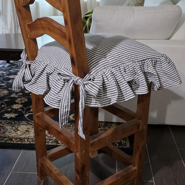 Striped Ticking Fabric Chair Cushion Cover with Ruffle – Beige Black Blue Home Decor