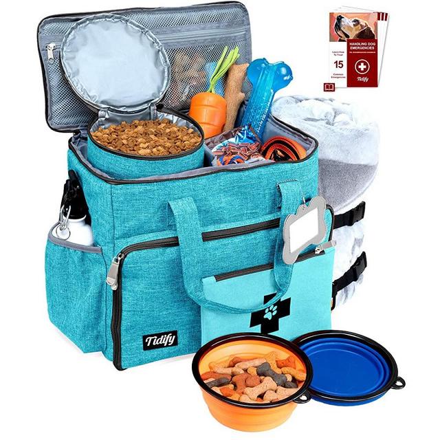 Dog Travel Bag Week Away/Overnight Accessories Organizer - Pet First Aid Pouch - Airline Approved - 2 Food Storage Containers and Collapsible Bowls Water Resistant for Small, Medium & Large Dogs Blue
