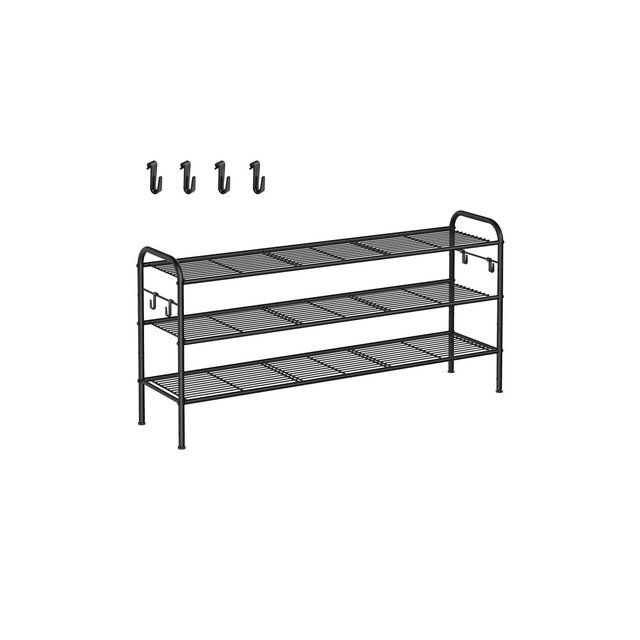 SONGMICS Shoe Rack, 3-Tier Shoe Organizer, Metal Shoe Shelf Storage with 4 Side Hooks, Holds 18 Pairs of Shoes, Height-Adjustable Shoe Rack, Ink Black