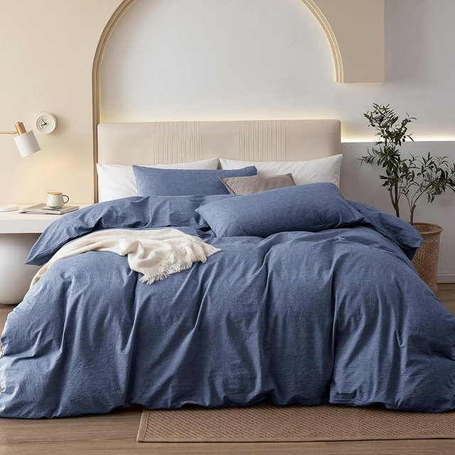 JIYUAN California King Duvet Cover Set, 3-Piece - 100% Washed Cotton, Linen-Like Soft & Breathable with Zipper Closure, Includes 104x98 Inch Cover & 2 Pillowcases, Heathered Blue