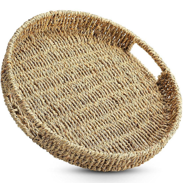 MaxGear Round Woven Serving Tray with Handles, Handmade Seagrass Serving Trays Decor, 13 inch Natural Seagrass Decorative Basket for Home and Kitchen