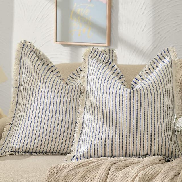 ZWJD Throw Pillow Covers 24x24 Set of 2 Striped Pillow Covers with Fringe Chic Cotton Decorative Pillows Square Cushion Covers for Sofa Couch Bed Living Room Farmhouse Decor