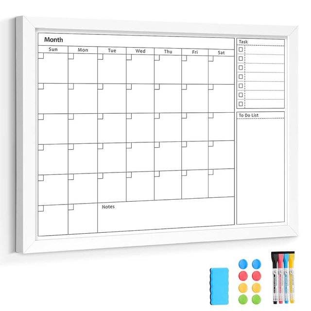 QUEENLINK Dry Erase Calendar Whiteboard for Wall, 24 x18 Inches Monthly White Board with White Wooden Frame, Hanging Magnetic Wall Calendar Board for Home Office School Kitchen Dorm