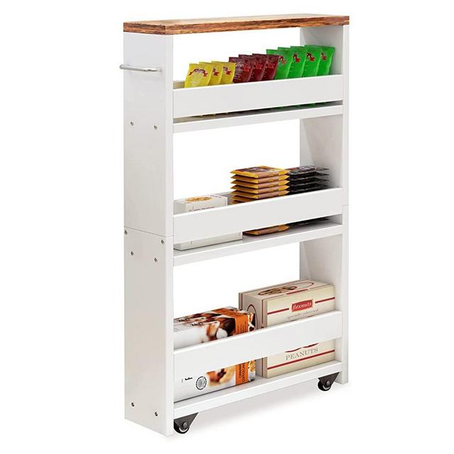 TEAMIX 4 Tier White Slim Storage Cart with Handle, Slide Out Storage Rolling Utility Cart Mobile Shelving Unit Organizer Trolley for Small Spaces Kitchen Laundry Narrow Places