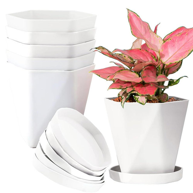 InmeRun Plant Pots Indoor Plastic Flower Pots Outdoor 5 inch Set of 6 Pack with Drainage Holes and Saucers for Garden Pots (5inch-6white)