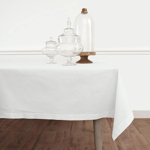 Solino Home White Tablecloth 58 x 132 Inch - Cotton Linen Hemstitch Rectangular Tablecloth - Machine Washable Table Cloth for Winter, Mothers Day, Spring, Easter