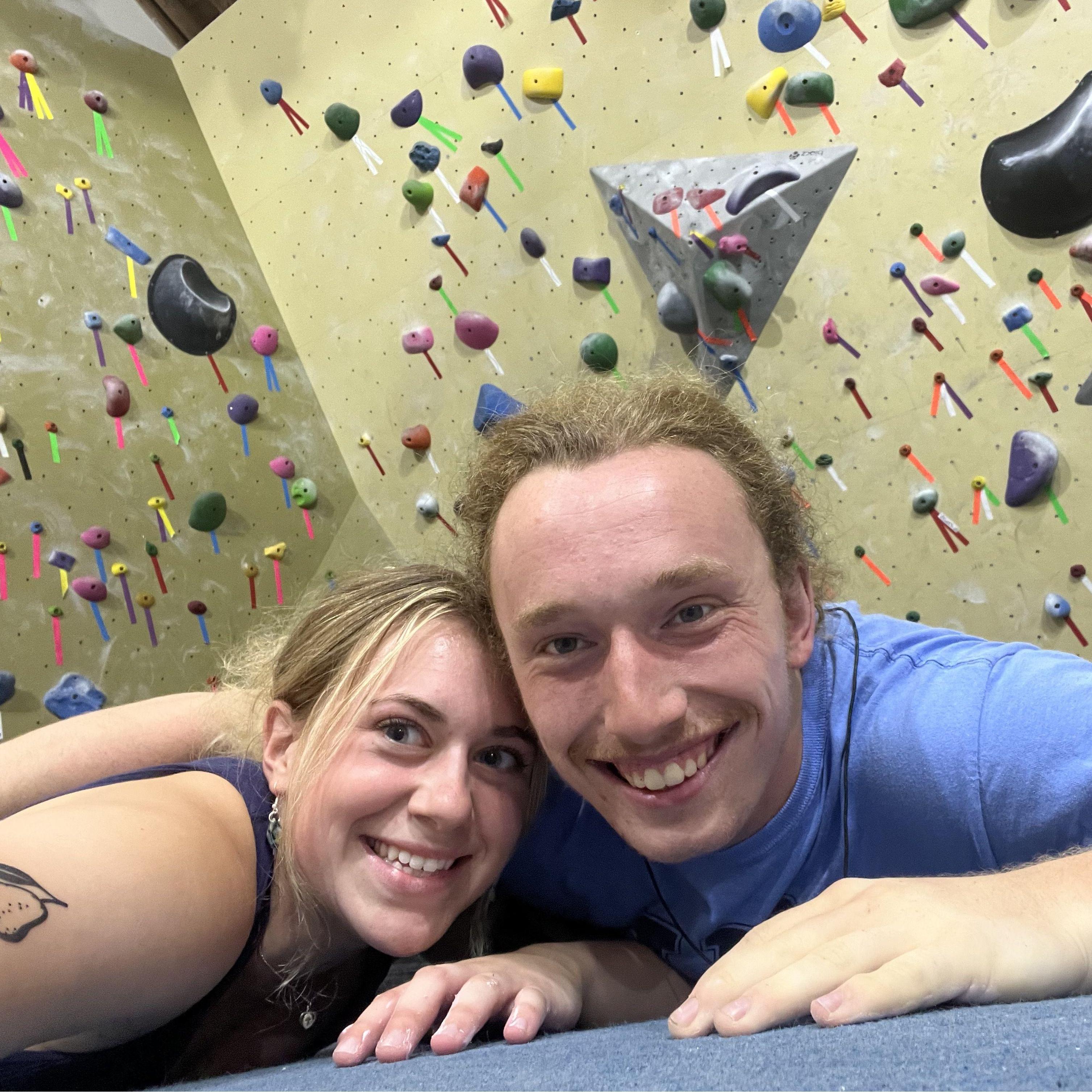 Climbing at a gym in Philly! We must be snobs because we view monochrome routes vastly superior to taped holds...