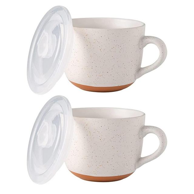 AmorArc Ceramic Soup Mugs with Lid, 24 oz Soup Cups with hanlde for Coffee,Cereal,Salad,Noodles,Tea,Soup Bowls Cups,Microwave &Dishwasher Safe, Set of 2,Speckle Outside with vented lid