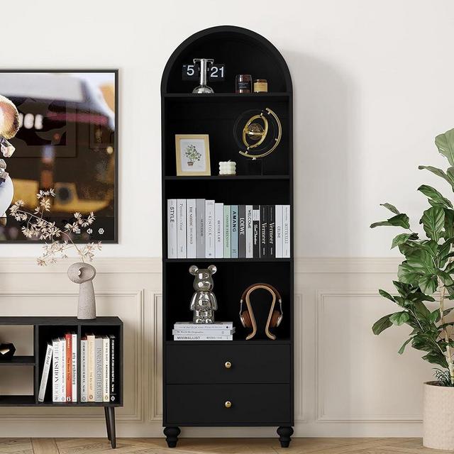 UHMUVFM 75.6" Tall Arched Cabinet, 4-Tier Arched Bookcase with Drawer and Shelves, Accent Display Cabinet with 2 Drawer Storage for Living Room, Reading Room and Bedroom (Black)