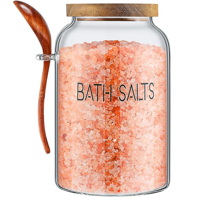 SiliFine 2 Pcs 94 oz Bath Salts Glass Jar with Wooden Lid, Bath Salt Container with Scoop, Airtight Storage Bathtub Accessories for Women