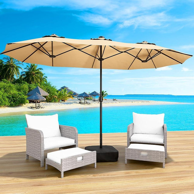 LEVELEVE 15FT Rectangle Patio Umbrella with Base & Solar LED Lights - Double-Sided
