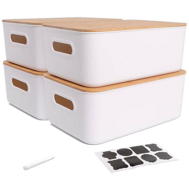 Citylife 4 PCS Storage Bins with Bamboo Lids Plastic Storage Containers for Organizing Stackable Storage Box with Handle, 15.16 x 10.79 x 5.83 inch (White, 4 PCS-Large)