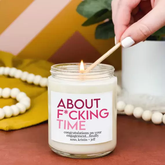 About F*cking Time Funny Engagement Gift | Personalized Jar Candle with Label