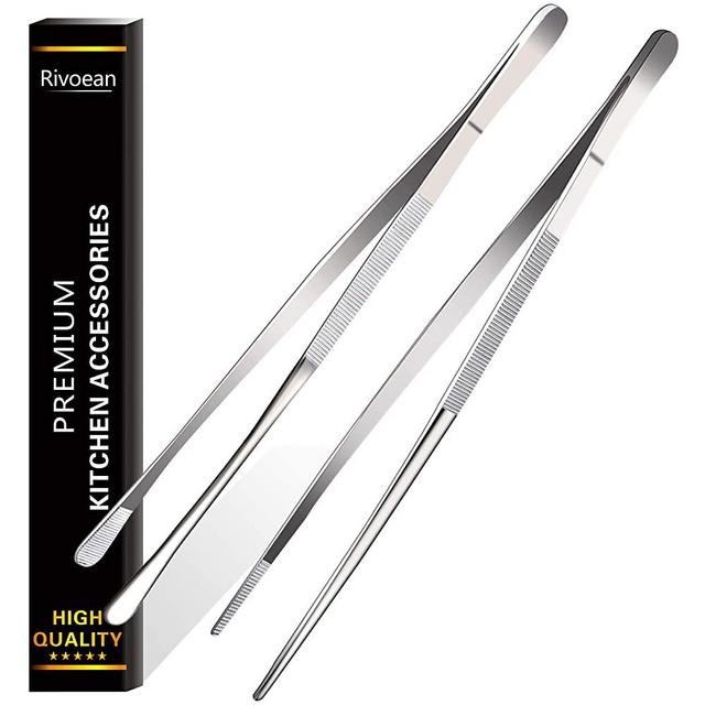 Rivoean 2 Pcs 12-Inch Fine Tweezer Tongs,Extra-Long Stainless Steel Tweezers Tongs