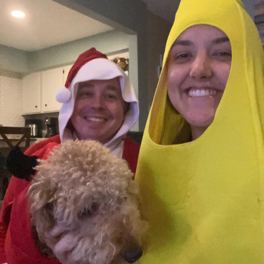 Our first Halloween together. Santa, a banana and a devil walk into a bar.... or something like that...