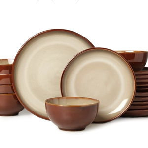 Pokini Ceramic Dinnerware Sets for 6, 18 Pieces Stoneware Plates and Bowls Sets, Chip and Crack Resistant Dishes, Dishwasher & Microwave Safe Dishware Sets, Brown Yellow