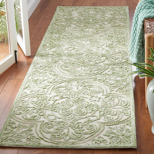 SAFAVIEH Trace Collection Runner Rug - 2'3" x 6', Ivory & Green, Handmade Wool & Cotton, Ideal for Bedroom, Foyer, Hallway, Entryway (TRC101Y)