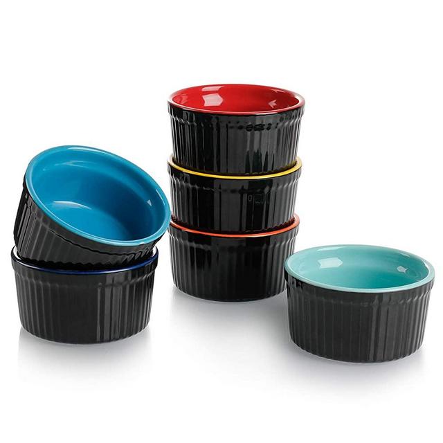 Teocera Porcelain Ramekins, Souffle Dishes - 8 oz for Souffle, Creme Brulee and Pudding - Set of 6, Black Multi Color