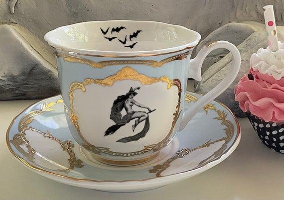 Pink or Green & Gold Witch Teacup / Halloween Teacup, 8 Ounces, Food- and Dishwasher Safe