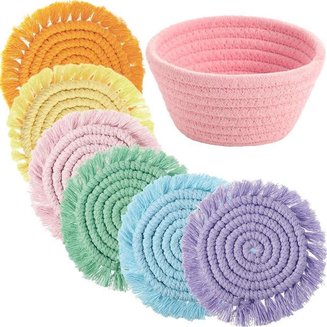 FoldTier 6 Pcs Macrame Drinks Coasters Colorful Cotton Woven Absorbent Coaster Farmhouse Cup Tassel Coaster with Holder Housewarming Gift for Kitchen Office Coffee Table Decor, 4 in (Macaron)